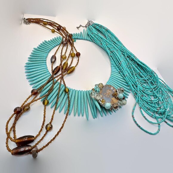 Vintage Necklace Lot Boho Statement Turquoise Howlite Ammonite Set of 3 Bohemian - Picture 2 of 7
